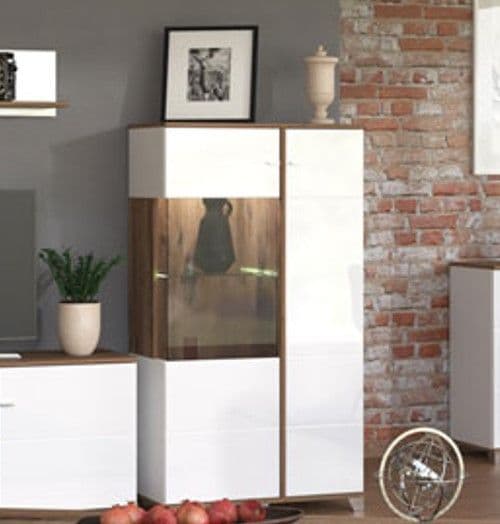 White High Gloss Display Cabinet with Oak-Effect Accents – 2 Doors, 4 Shelves