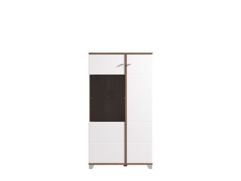 White High Gloss Display Cabinet with Oak-Effect Accents – 2 Doors, 4 Shelves
