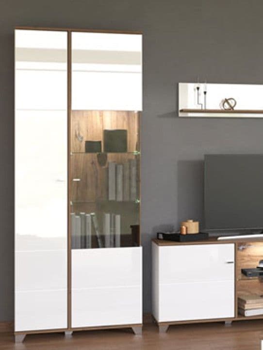 White high-gloss display cabinet with oak-effect finish and 8 shelves, showcasing a tall, elegant 2-door showcase from Lavish Kitchen Isle.