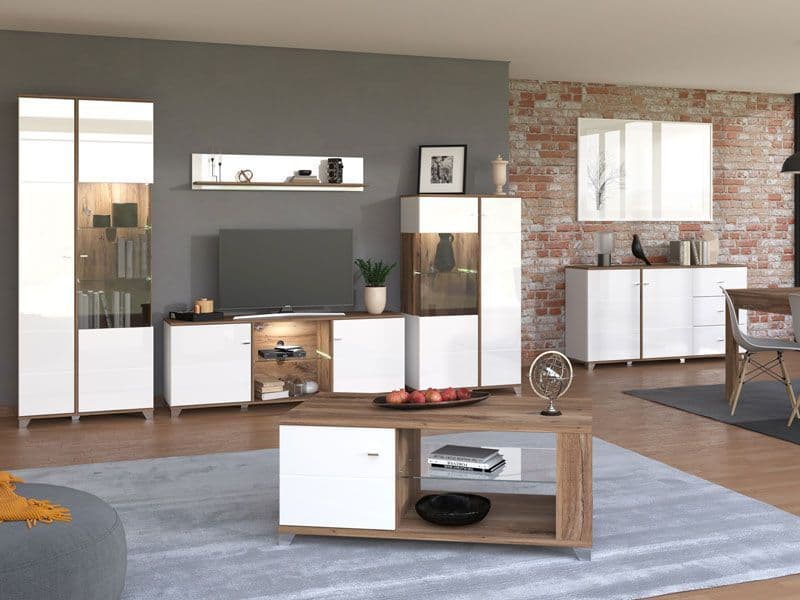White high-gloss display cabinet with oak-effect finish and 8 shelves