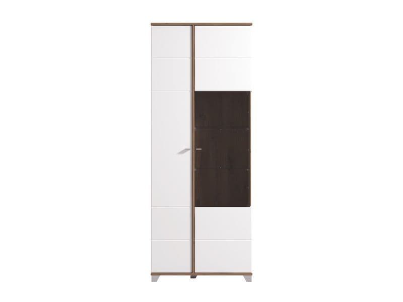 White high-gloss display cabinet with oak-effect finish and 8 shelves