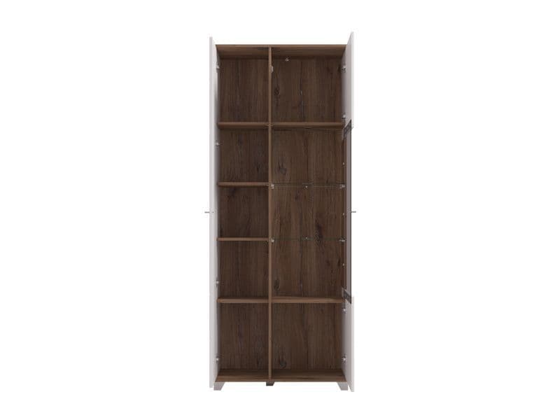 White high-gloss display cabinet with oak-effect finish and 8 shelves, featuring tall 2-door design by Lavish Kitchen Isle.