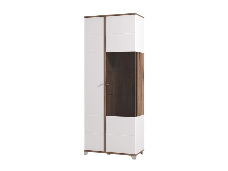 White high-gloss display cabinet with oak-effect finish and 8 shelves, featuring tall double doors and a modern design.
