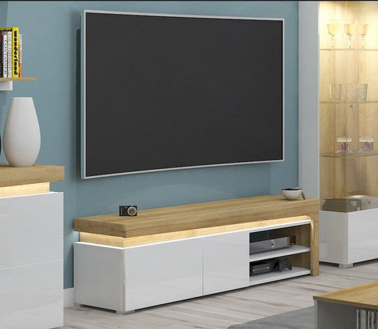 Oak Effect and White Gloss TV Stand with LED Lights and Storage