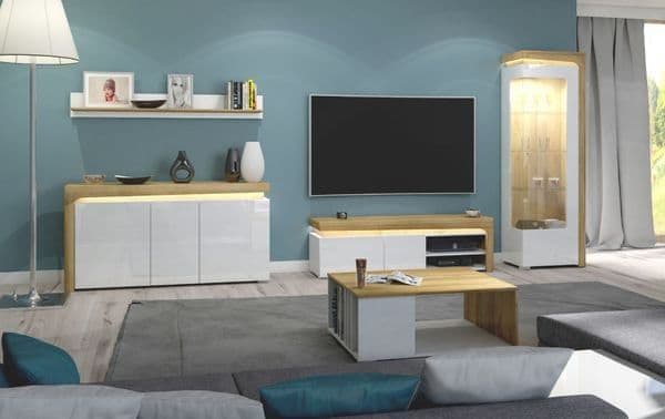Oak Effect and White Gloss TV Stand with LED Lights and Storage