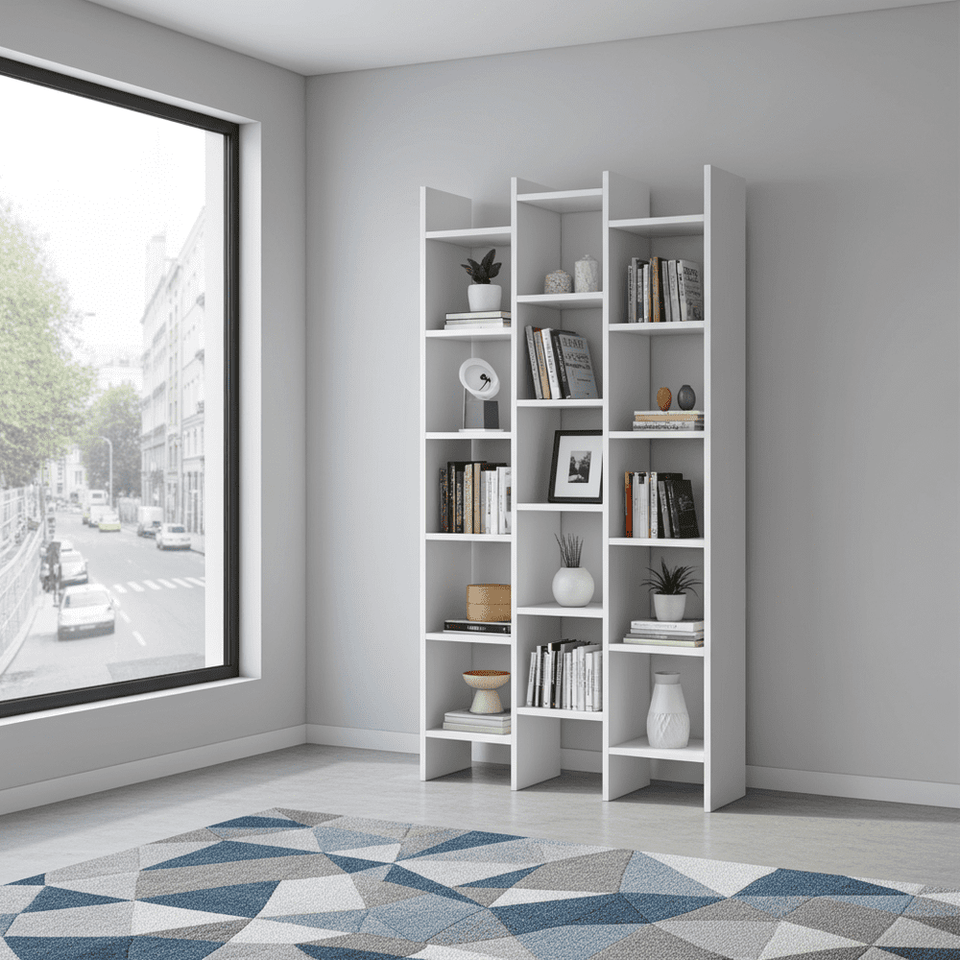 Lavish Kitchen Isle white gloss triple bookcase with modern design, featuring multiple shelves for books and decor.