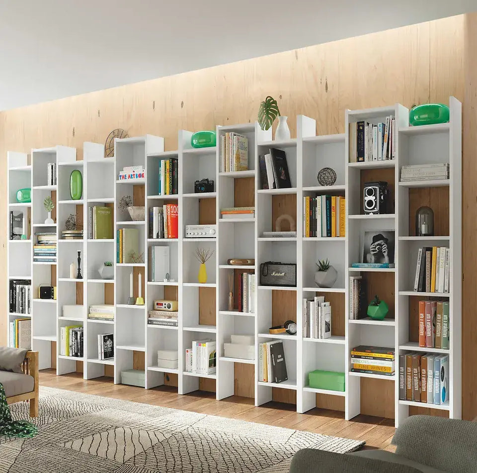 White modern Lavish Kitchen Isle triple bookcase with open shelves and a sleek gloss finish for stylish storage.