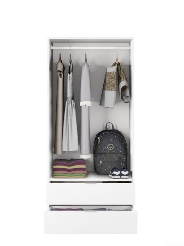 White compact 2-door, 2-drawer wardrobe from Lavish Kitchen Isle, space-saving bedroom storage with modern design.