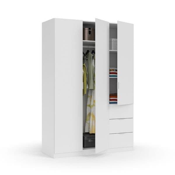 Compact 3 Door 3 Drawer White Wardrobe – Modern Bedroom Storage Solution