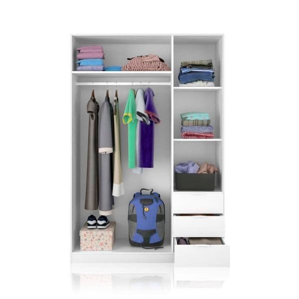 Compact 3 Door 3 Drawer White Wardrobe with Hanging Rail