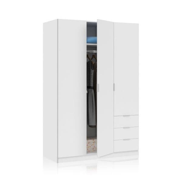 Compact 3 Door 3 Drawer White Wardrobe with Hanging Rail