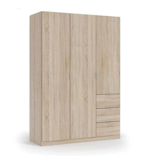 135 cm Oak Effect 3 Door 3 Drawer Wardrobe with Hanging Rail