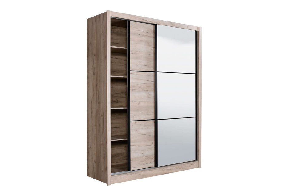 Oak effect sliding door wardrobe with full-length mirror, 166cm wide, designed for bedroom storage by Lavish Kitchen Isle.
