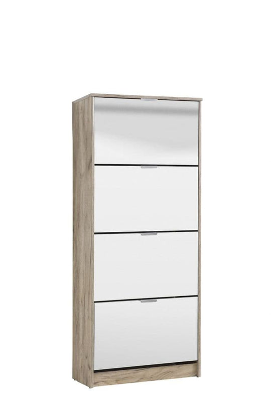 Nolarad Tall Mirrored Shoe Rack Cabinet 4 Tier Wooden Shoe Storage Stand with Oak Effect, Space-Saving Design for 24 Pairs