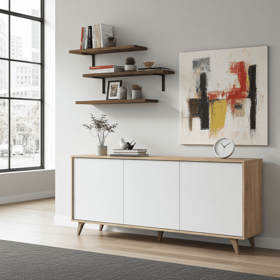White and oak effect 3-door sideboard by Lavish Kitchen Isle with six compartments, modern wide storage cabinet with sleek design.