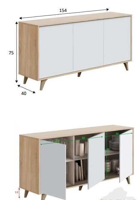 White and oak effect 3-door sideboard by Lavish Kitchen Isle with six compartments, modern wide storage cabinet for living or dining rooms.