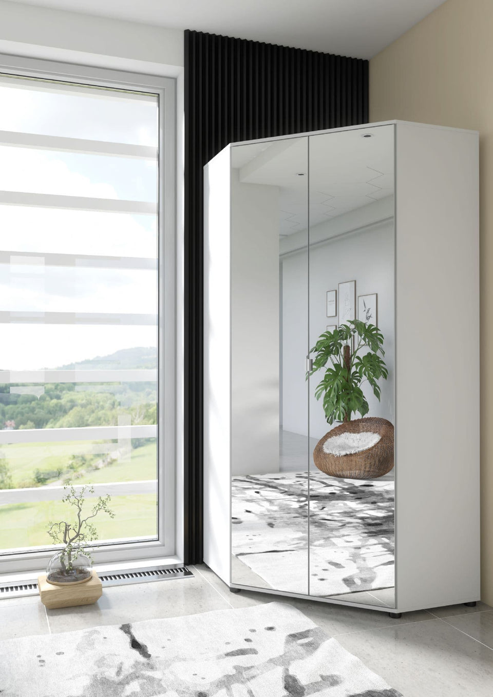 Lavish Kitchen Isle Arctic Elegance corner wardrobe with mirrored doors, hanging rails, and shelves for space-saving storage.