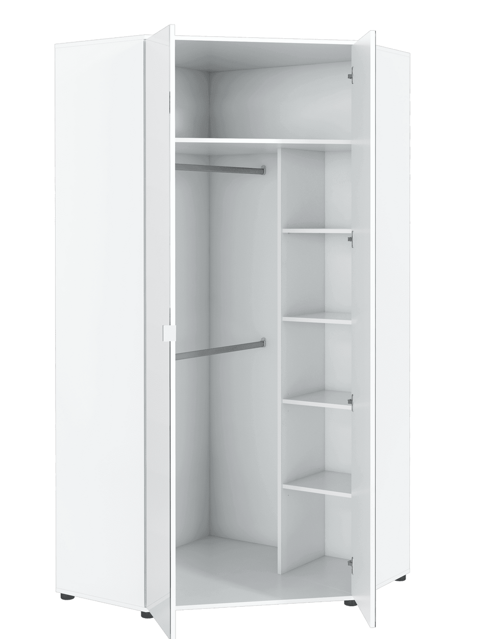 Lavish Kitchen Isle Arctic Elegance corner wardrobe with mirrored doors, hanging rails, and shelving for space-saving storage.