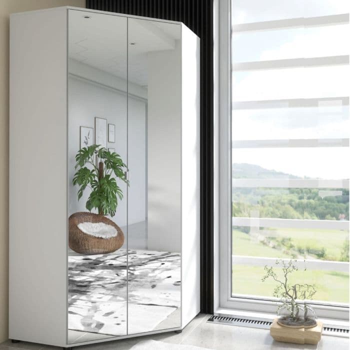 Lavish Kitchen Isle Arctic Elegance corner wardrobe with mirrored doors, hanging rails, and shelving for space-saving storage.