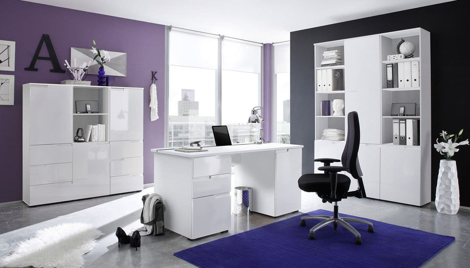 Arctic Elegance Large White Gloss Computer Desk Modern Office Desk with Storage Drawers and Cupboards