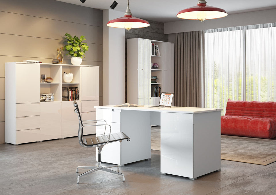 Arctic Elegance Large White Gloss Computer Desk Modern Office Desk with Storage Drawers and Cupboards - Lavish Kitchen Isle