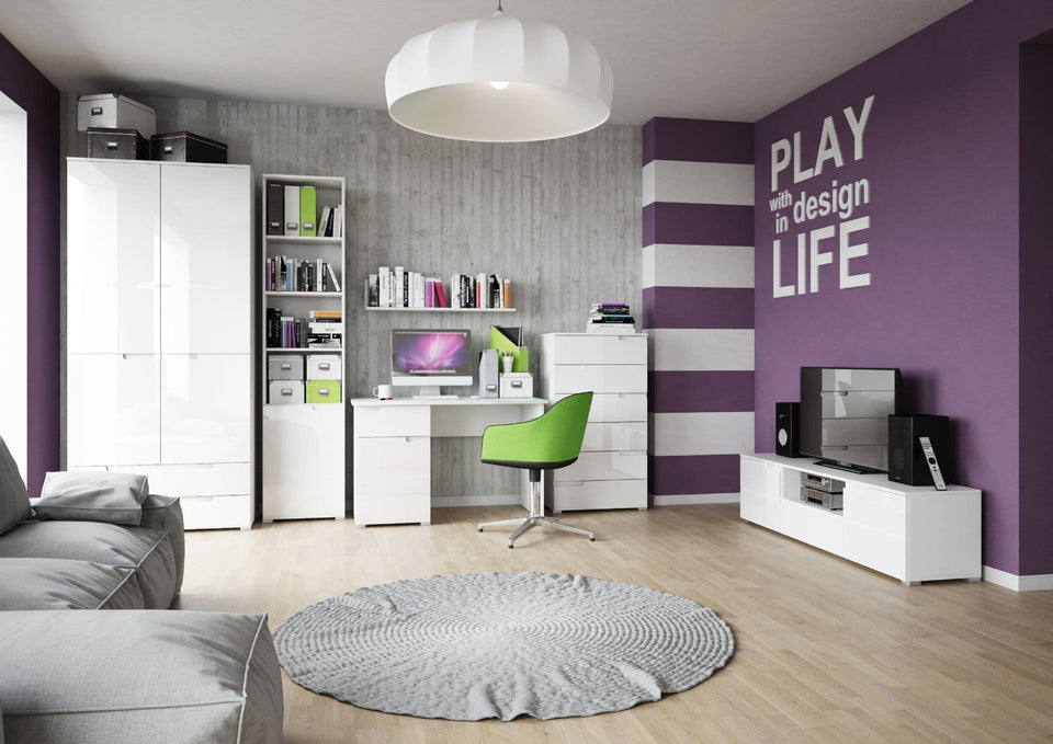 Lavish Kitchen Isle Arctic Elegance tall narrow 6-tier shelving bookcase with white gloss door, modern storage solution.