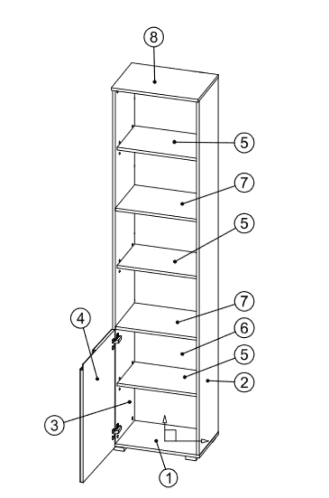 Lavish Kitchen Isle Arctic Elegance tall narrow 6-tier bookcase with white gloss door, modern storage shelves for home or office.
