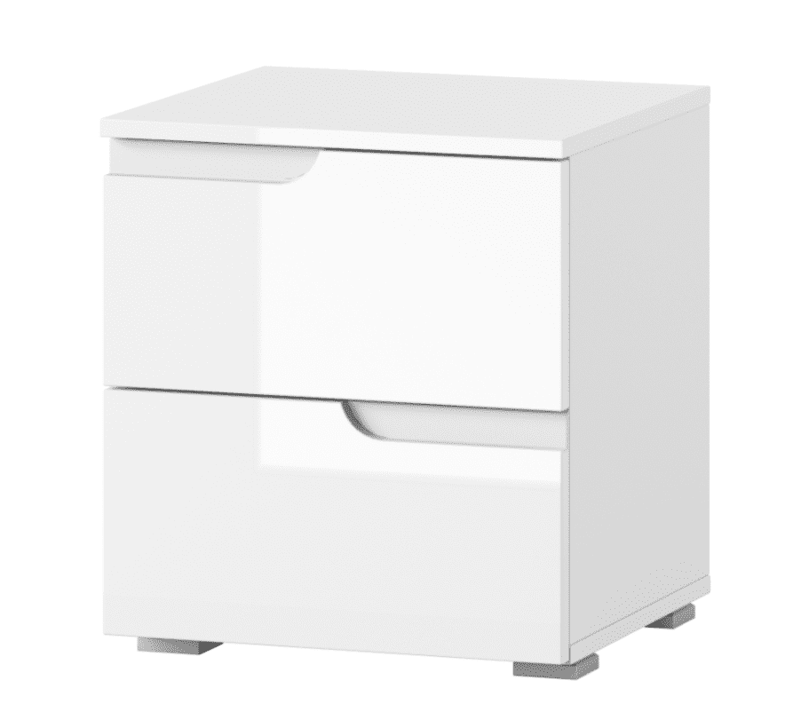 White gloss wardrobe with mirrored door, pullout hanging rail, shelves, and drawers from Lavish Kitchen Isle in sleek design