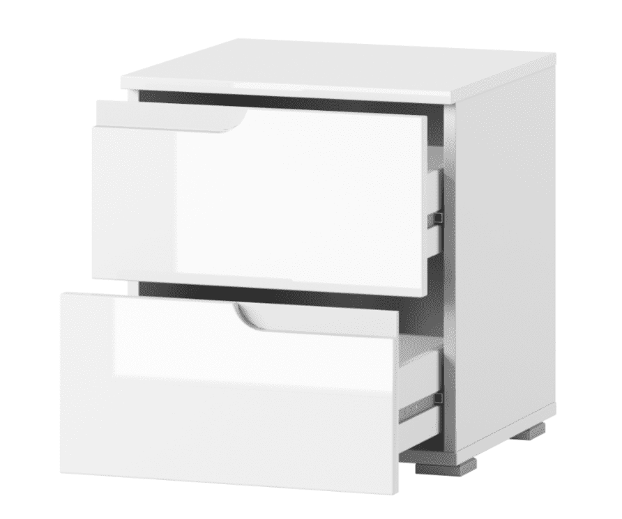 White gloss bedside table with two drawers, featuring a sleek design and modern style, from Lavish Kitchen Isle.
