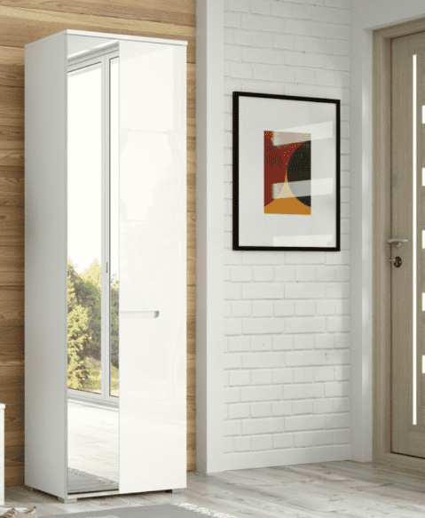 Arctic Elegance Sleek White Gloss Wardrobe with Mirrored Door, Pullout Hanging Rail, and Shelves – Slim Storage Cupboard with Drawers