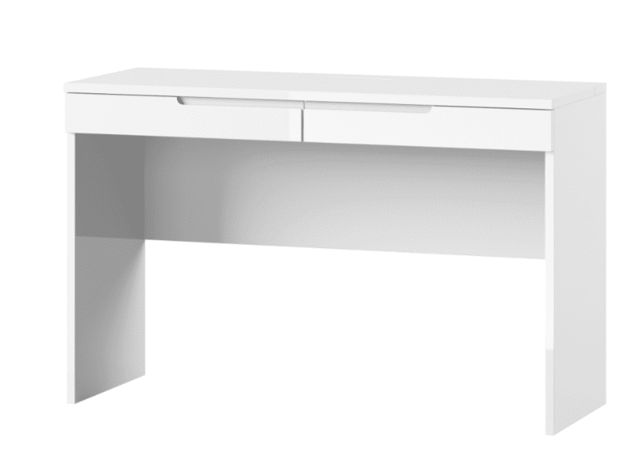White high gloss Arctic Elegance office desk with two drawers, modern design, suitable for home or workspace.