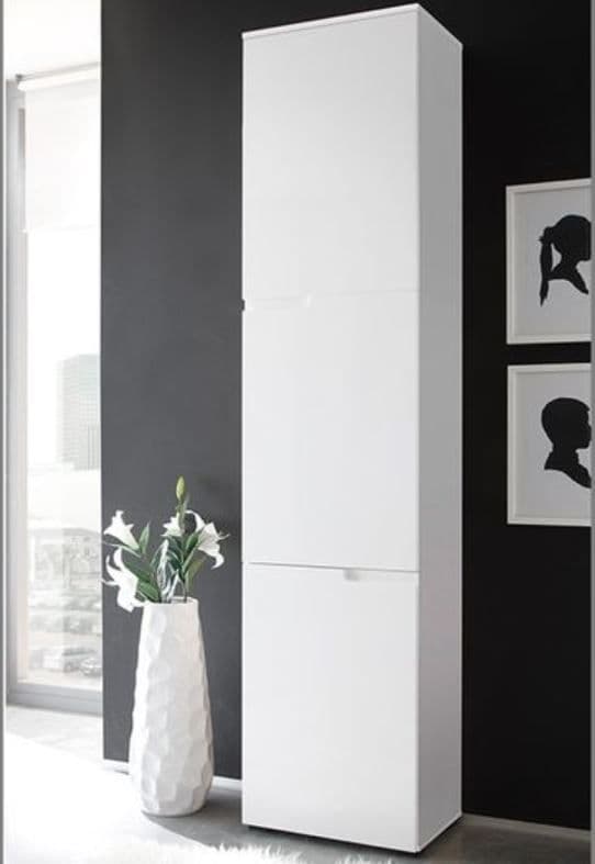 White gloss tall narrow bookcase with concealed storage doors, modern shelving for living room, office, or study.