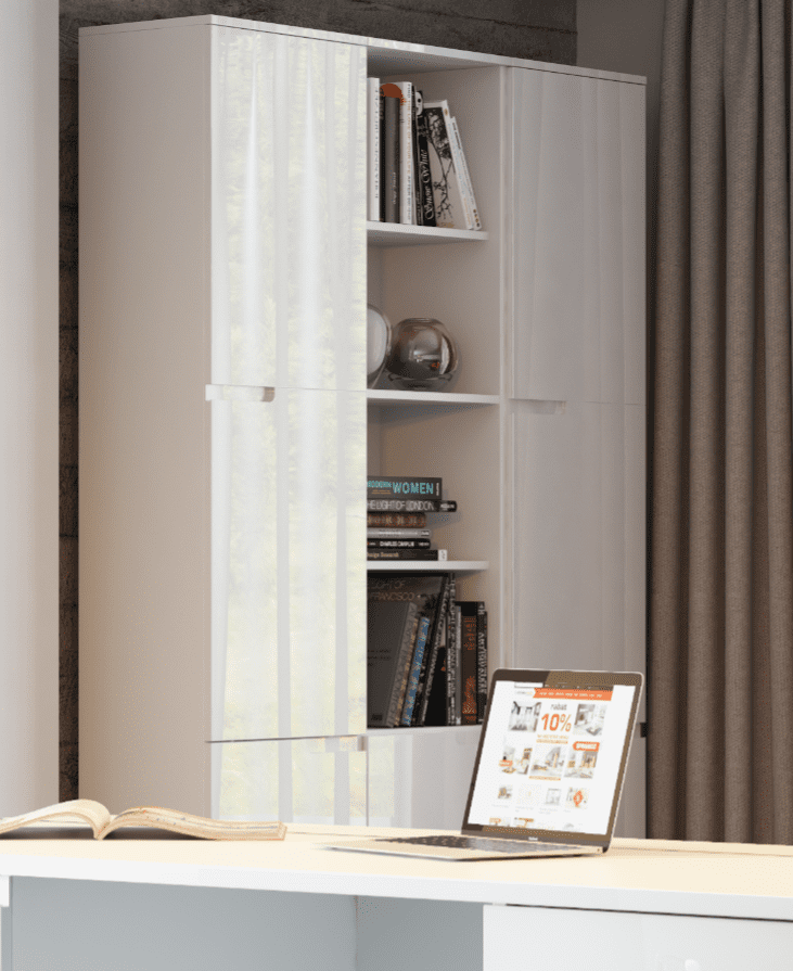 White gloss tall narrow bookcase with concealed storage doors, modern shelving from Lavish Kitchen Isle for living room or office.