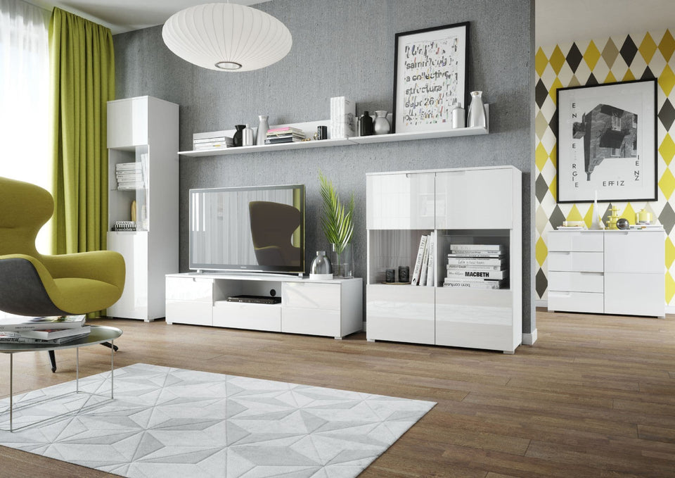 White high gloss TV stand cabinet with doors and drawer, modern entertainment storage by Lavish Kitchen Isle