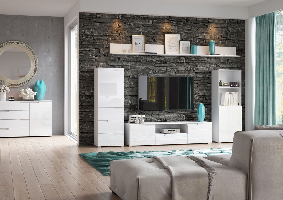 White high gloss TV stand cabinet with doors and drawer, modern entertainment storage by Lavish Kitchen Isle