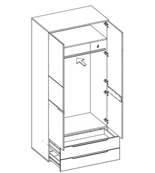 Modern Arctic Elegance White Gloss Wardrobe with Shelving and Drawers – 2 Doors, 2 Drawers, Stylish Storage Solution