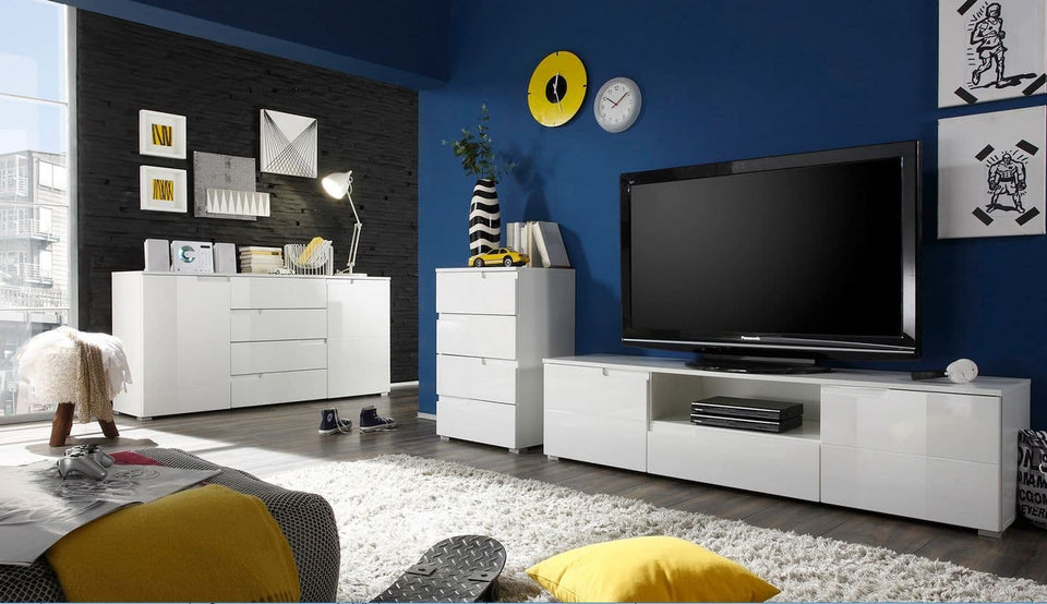Lavish Kitchen Isle Arctic Elegance white high gloss wide sideboard with 4 drawers and 2 doors for living and dining room storage.