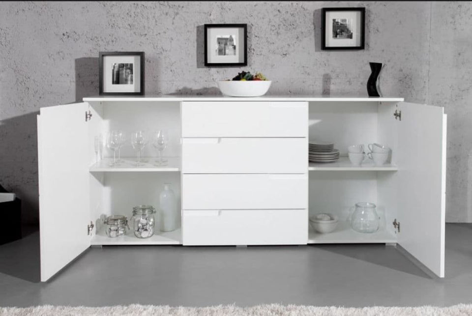 Lavish Kitchen Isle Arctic Elegance white high gloss wide sideboard with 4 drawers and 2 doors, modern storage for living and dining rooms