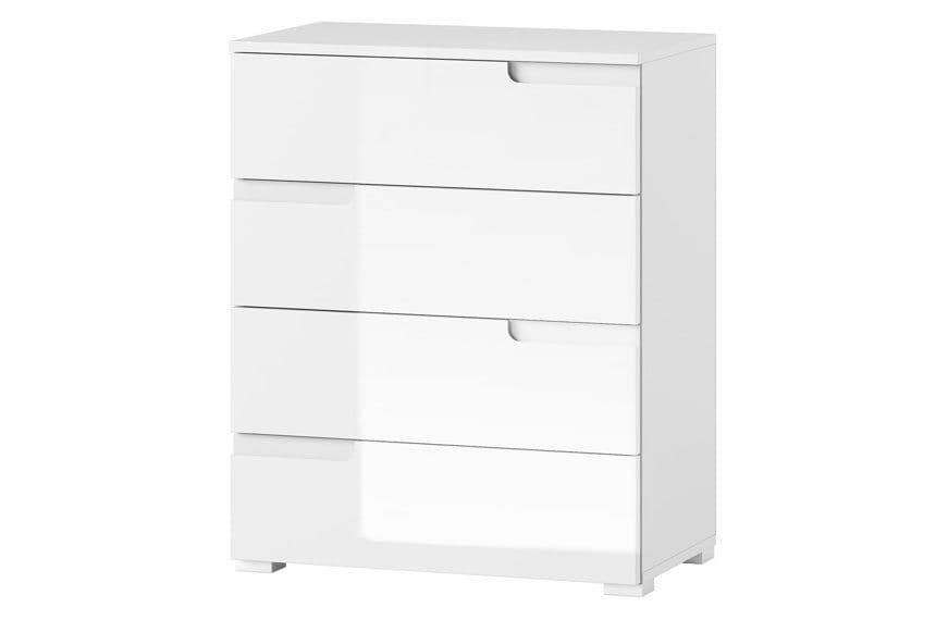 Lavish Kitchen Isle Arctic Elegance white high gloss narrow chest of drawers with 4 drawers, sleek bedroom storage cabinet.