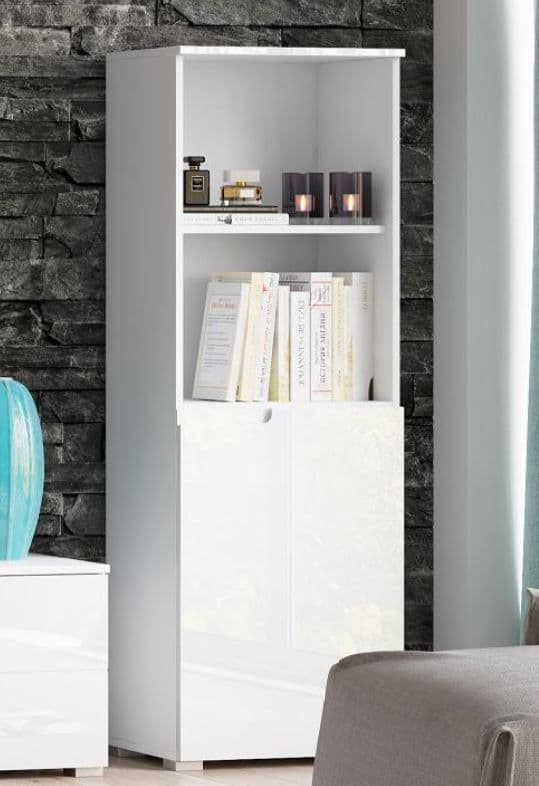 White glossy 4-tier narrow bookcase with door from Lavish Kitchen Isle, ideal for modern storage in any room