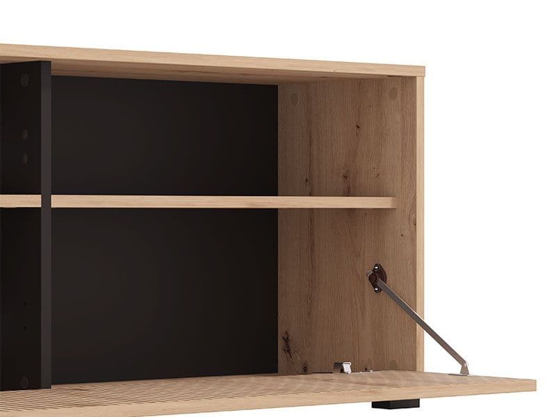 Modern wide TV stand cabinet in artisan oak finish with black accents, featuring slatted design, from Lavish Kitchen Isle.