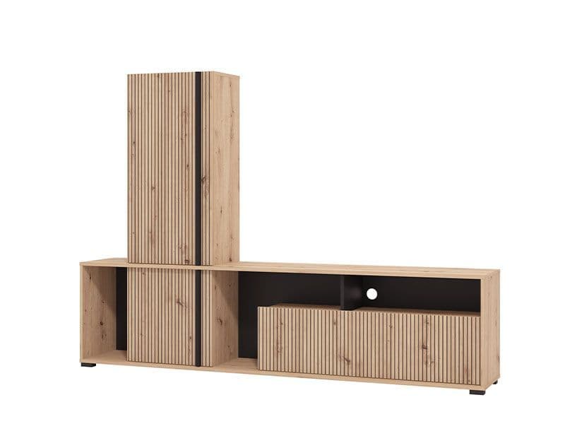 Modern wide TV stand cabinet in artisan oak with black accents, featuring a slatted design, from Lavish Kitchen Isle.