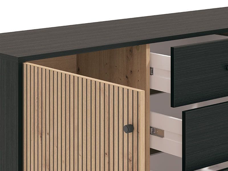 Slatted Artisan Oak Effect & Black Sideboard – 2 Door 4 Drawer Storage Cabinet