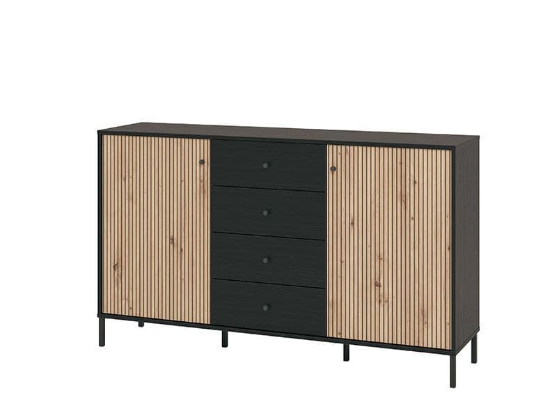 Slatted Artisan Oak Effect & Black Sideboard – 2 Door 4 Drawer Storage Cabinet