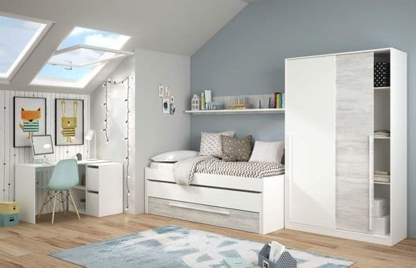 Arctic White and Oak effect sliding 2-door wardrobe by Lavish Kitchen Isle, compact bedroom storage with narrow design.