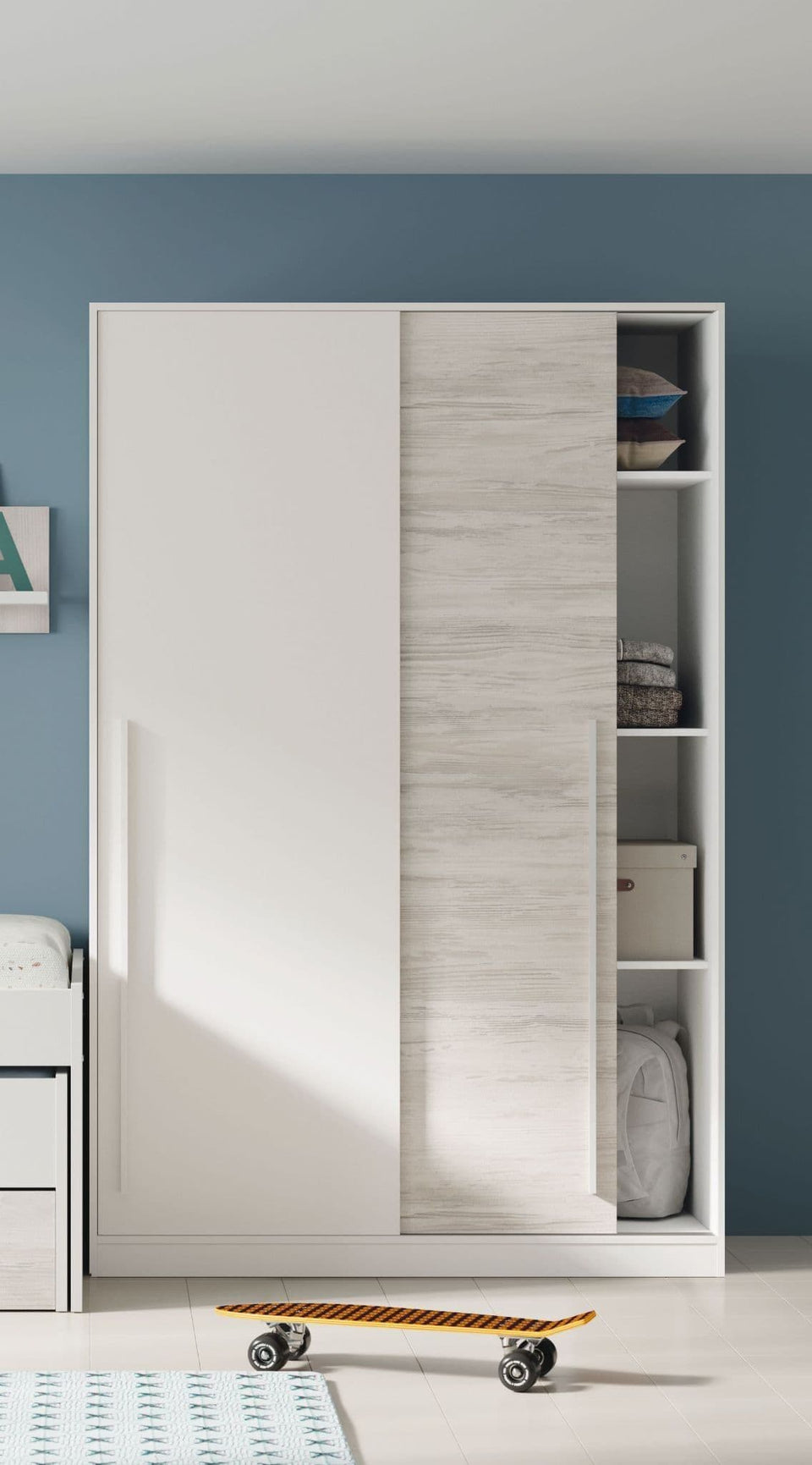 Arctic White and Oak effect sliding 2-door wardrobe by Lavish Kitchen Isle, compact bedroom storage with narrow design.