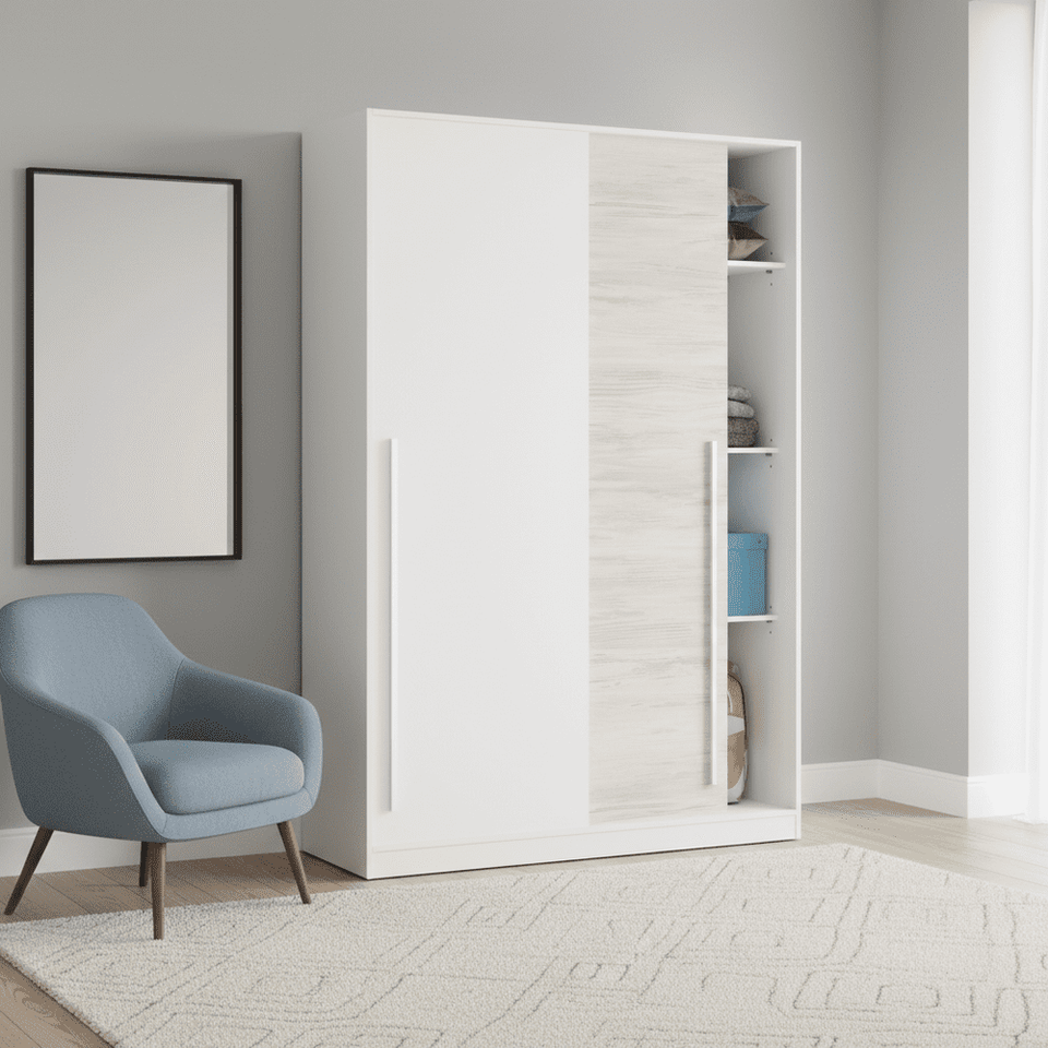 Arctic White and Oak Effect Sliding 2-Door Wardrobe by Lavish Kitchen Isle, compact bedroom storage with narrow design and modern finish.