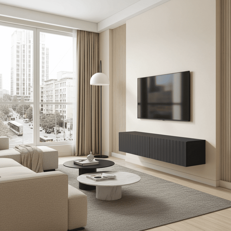 White slat effect wall-mounted TV stand, floating cabinet in a modern design, suitable for small to medium entertainment setups.