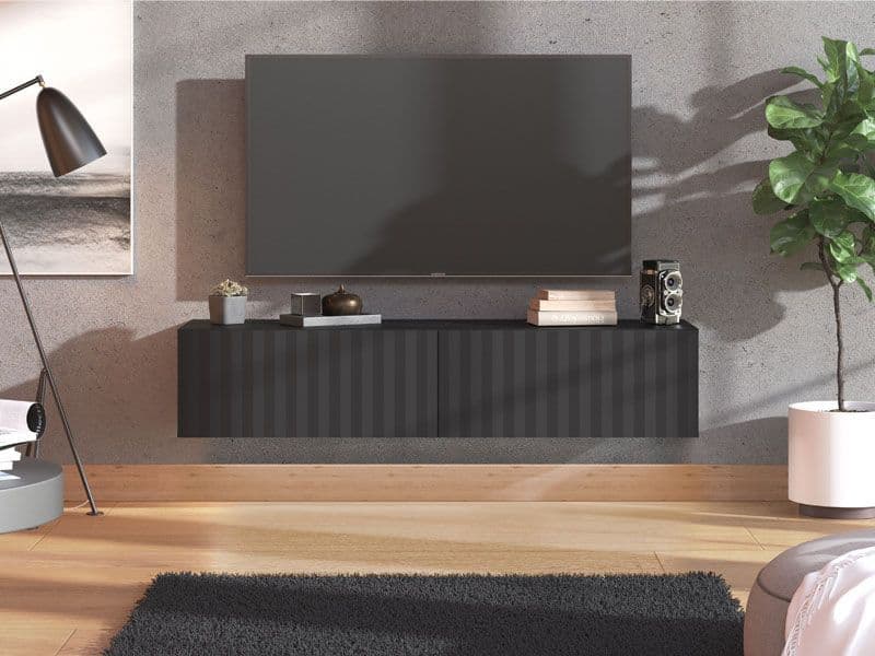 White slat effect wall-mounted TV stand by Lavish Kitchen Isle, floating cabinet with sleek modern design for small TVs.