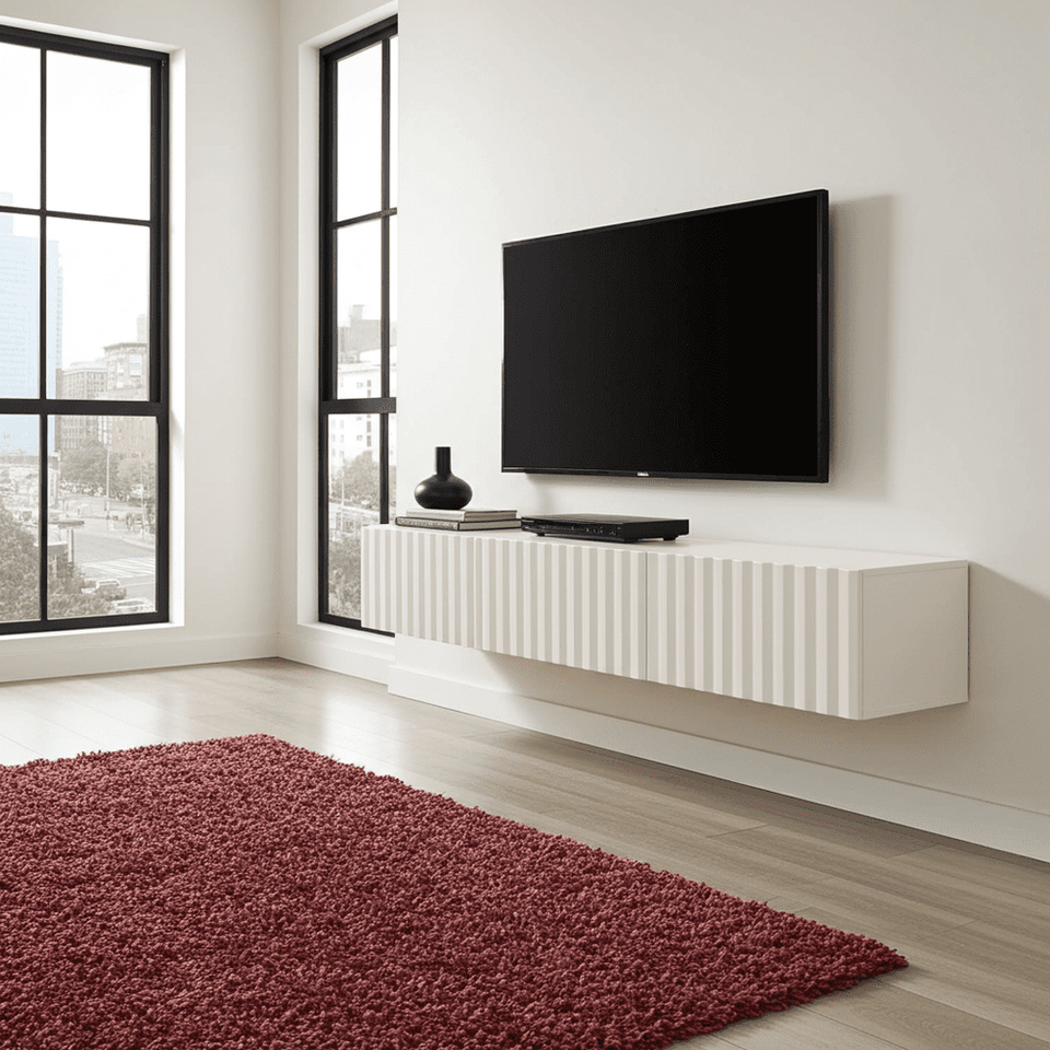 White slat effect modern wall-mounted TV stand by Lavish Kitchen Isle, 192 cm floating entertainment cabinet for living room.